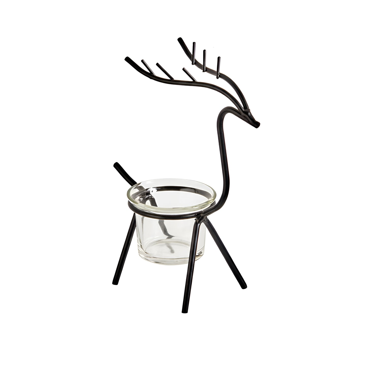 Black metal reindeer-shaped holder with a clear glass container on a white background