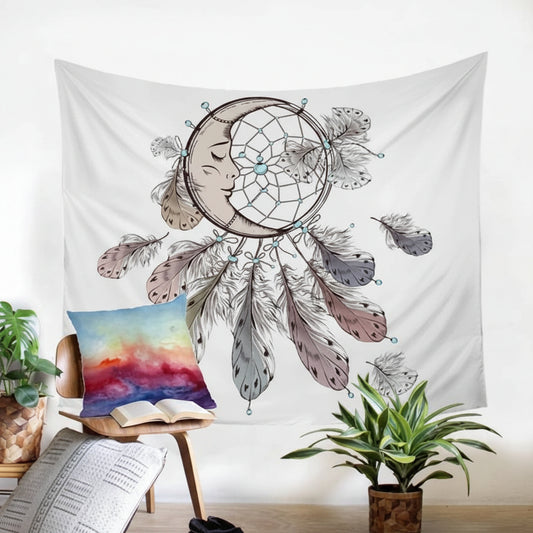 Dreamcatcher tapestry on a wall with a cozy room setup including a pillow, book, and plants.