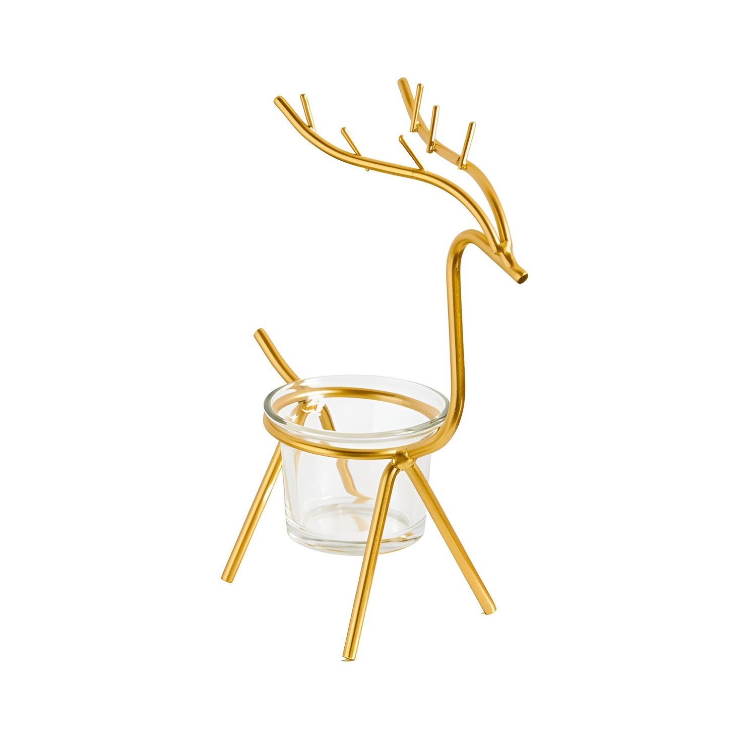 Gold deer-shaped holder with a clear glass container on a white background