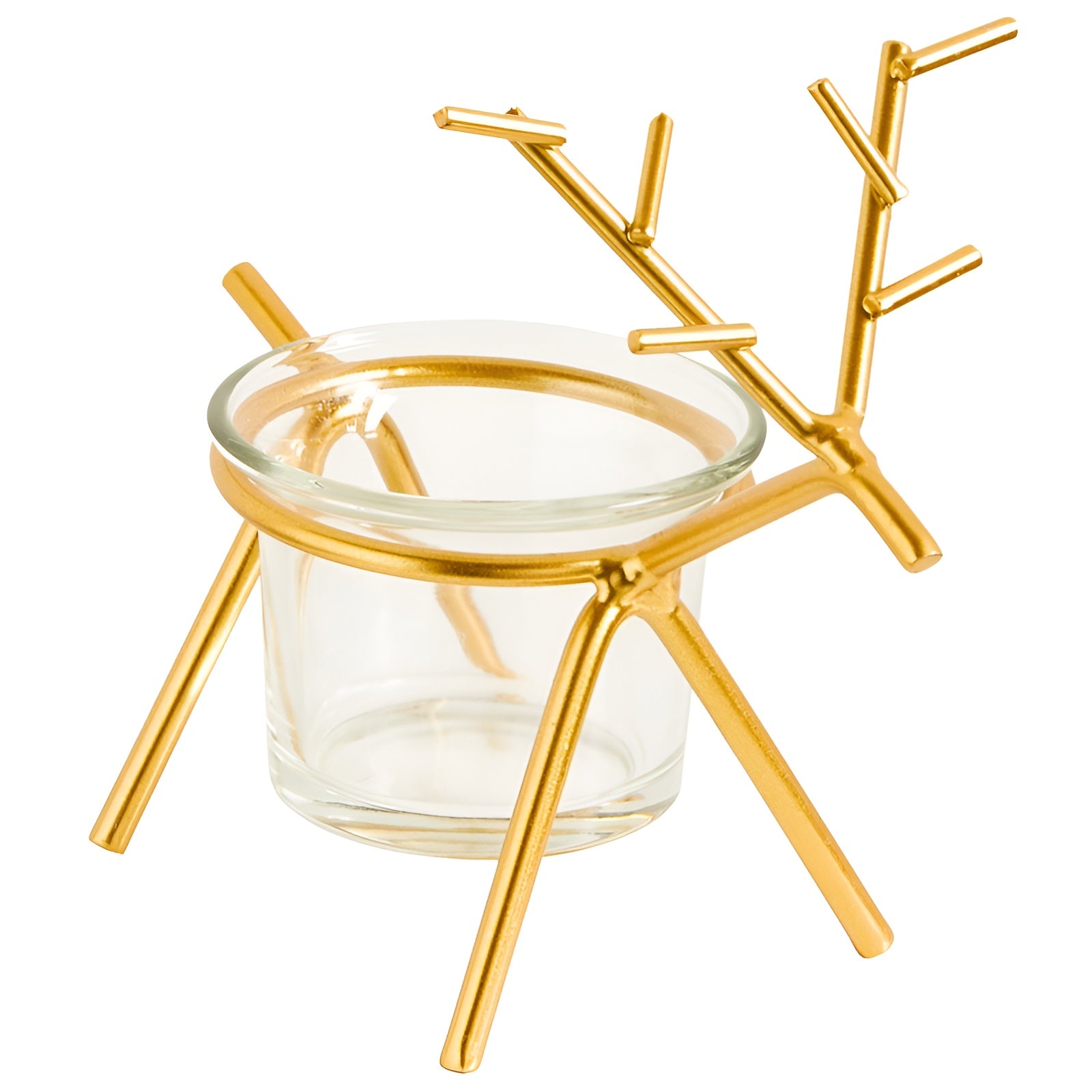 Gold candle holder with clear glass base on a white background