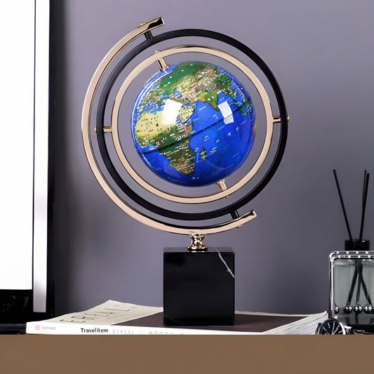 Decorative globe on a stand with dimensions displayed