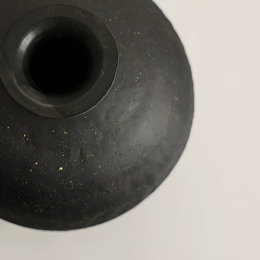 Close-up of a black ceramic vase on a light gray background