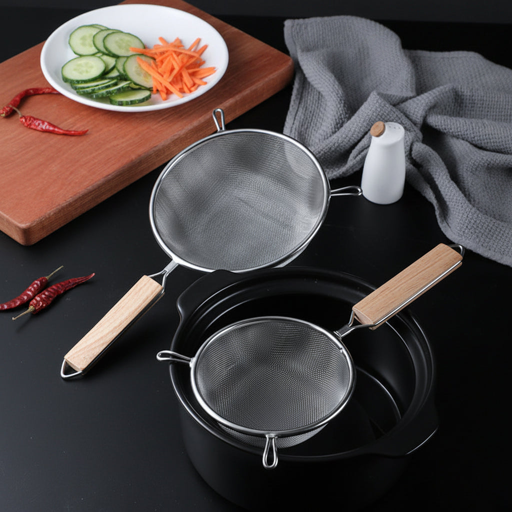 Stainless steel strainers with wooden handles on a dark surface with vegetables and a cutting board.