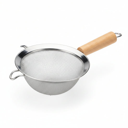 Metal strainer with wooden handle on a white background